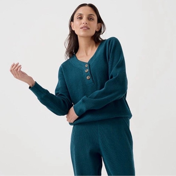 Pact Sweaters - PACT Organic Cotton Waffle Knit Henley Sweater Large Teal Long Sleeve